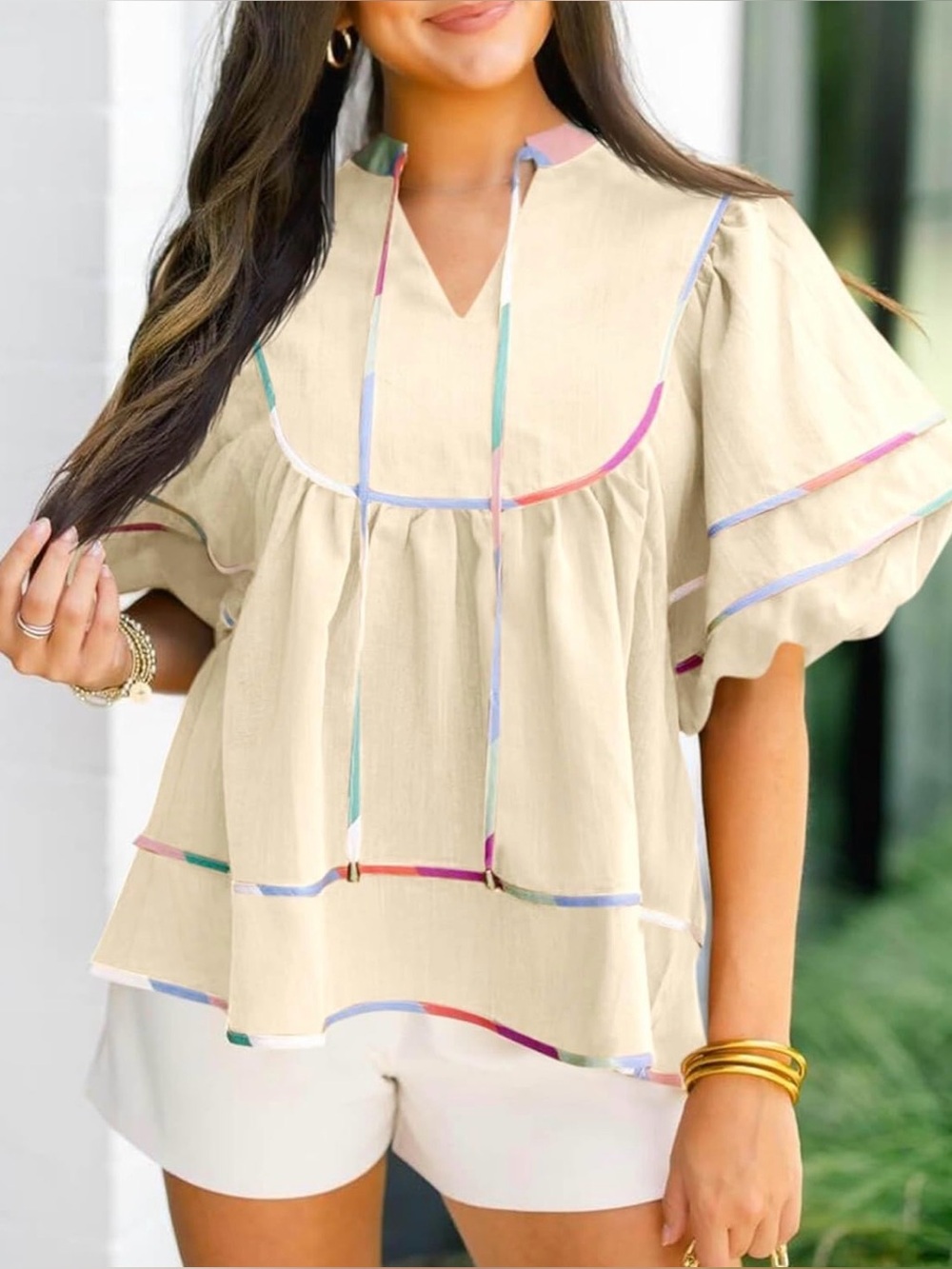 NWT Cicy Bell XXL Beige Peasant Top with Multicolor Trim
